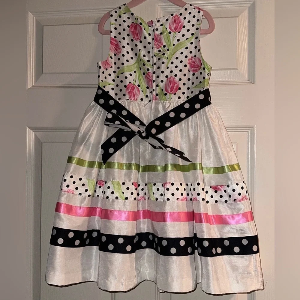 Rare Editions White Tank Dress with a Polka Dot and Tulip Pattern
